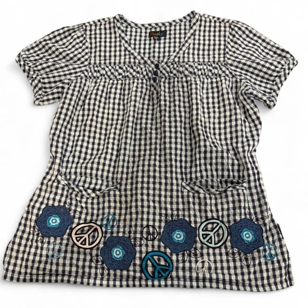 Peaches Gingham Top Womens Medium Blue White Peace Sign Floral Embroidered